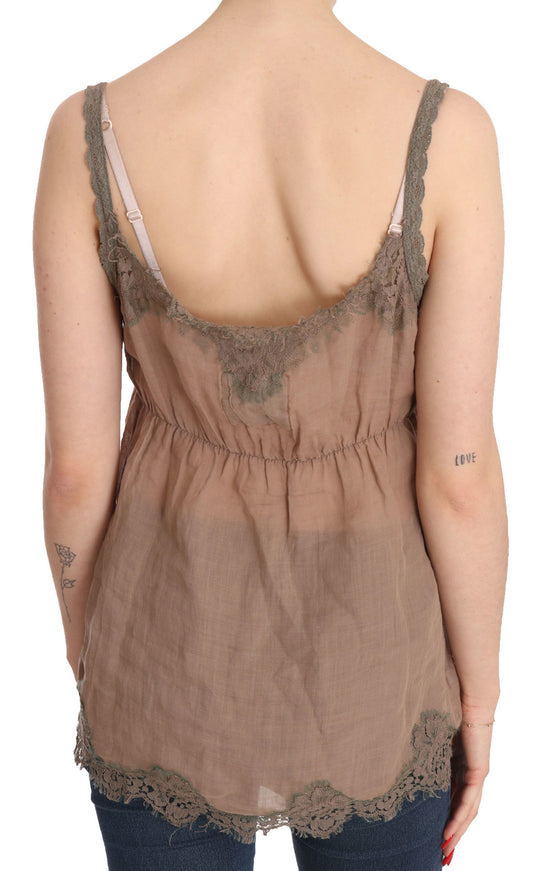 Brown lace backless top on a woman