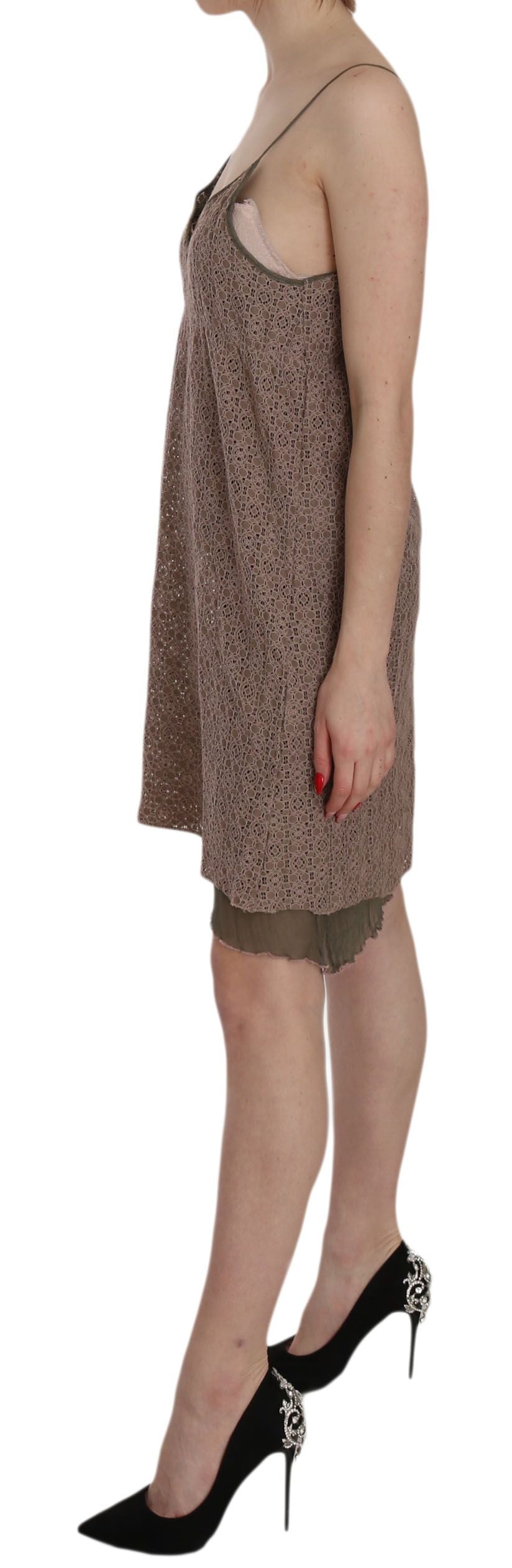 A-line mini dress with spaghetti straps and green floral pattern