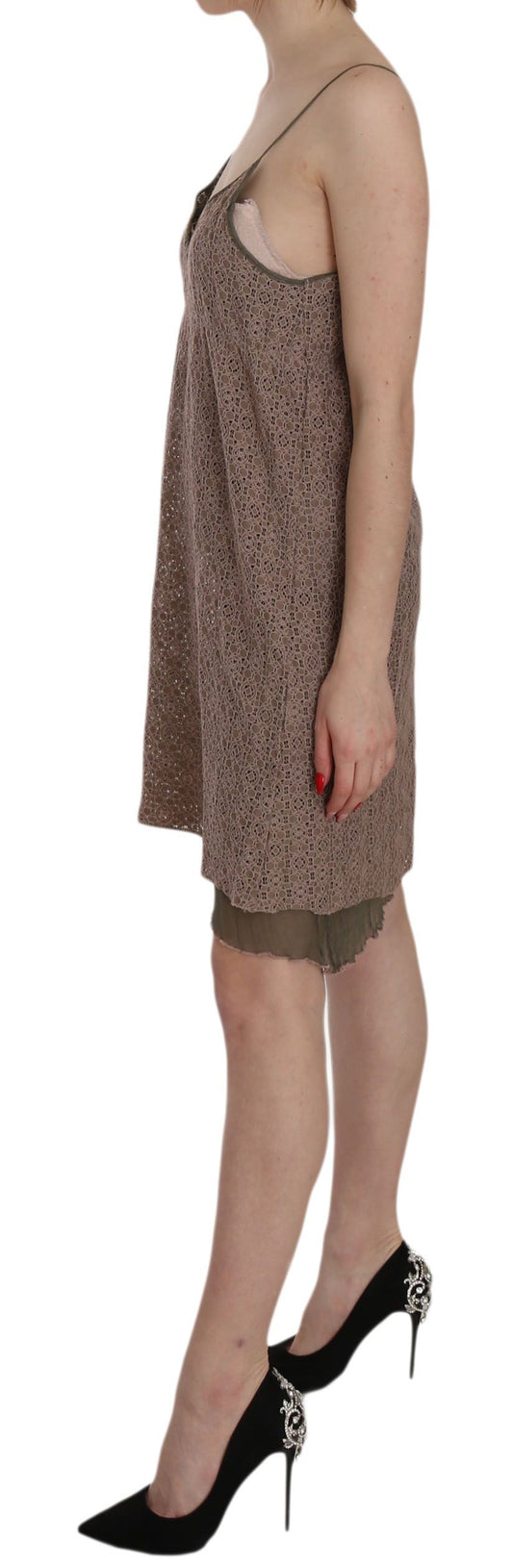 A-line mini dress with spaghetti straps and green floral pattern