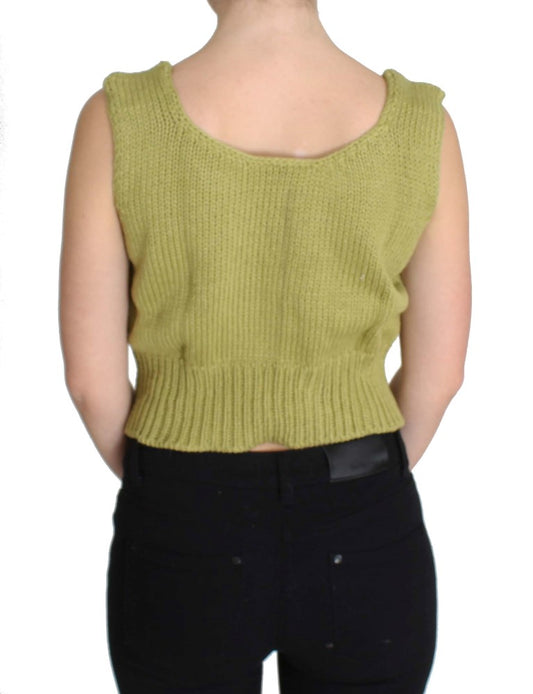 Yellow crocheted vest worn by woman