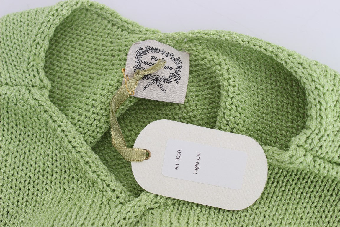 Green knitted sweater with tag attached to neckline