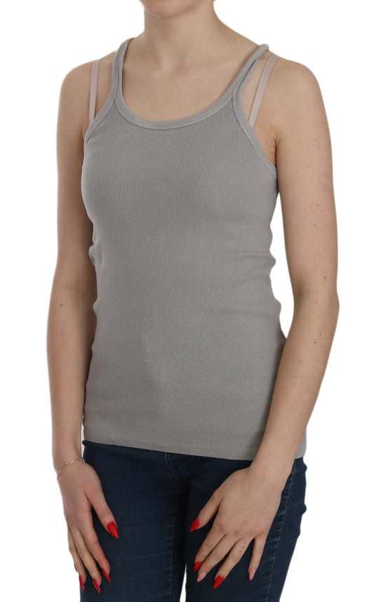 Woman wearing gray tank top