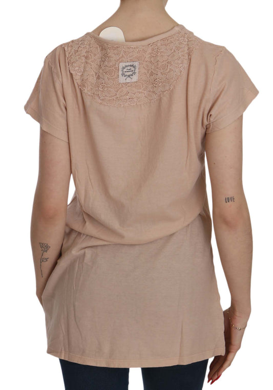 Brown short sleeve shirt with lace trim on back
