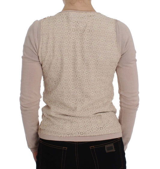 Woman wearing knit sweater over denim shirt