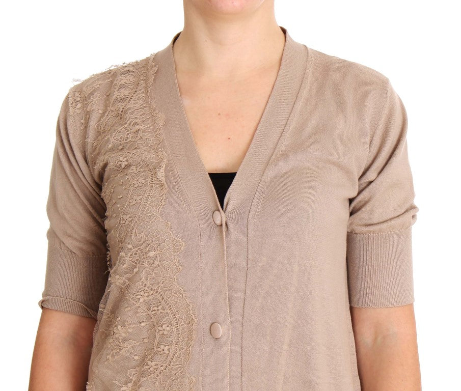 Tan cardigan with lace detailing on front