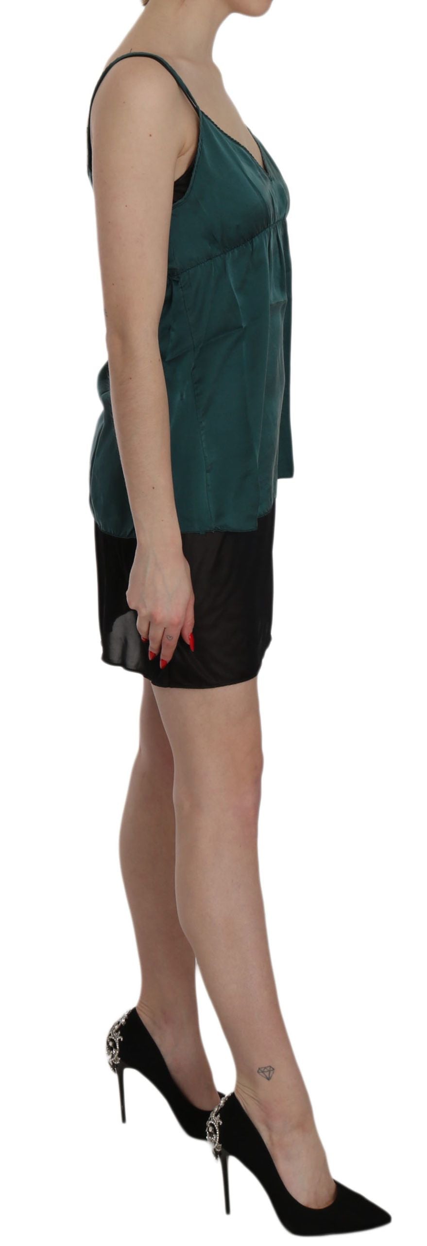 A green spaghetti strap shift mini dress with a pink memories label