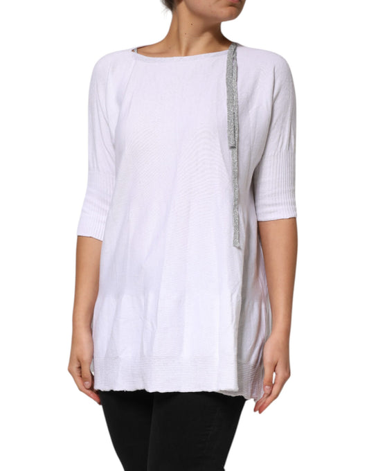 Long sleeve white sweater with embroidered detailing on front