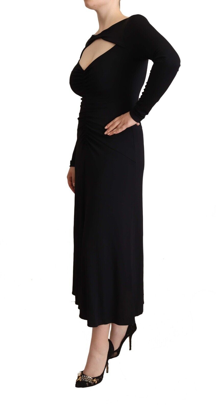 A long black nylon stretch dress with a deep V-neck and long sleeves