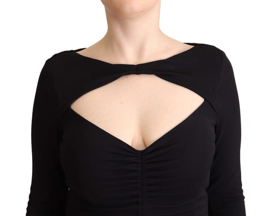 A black nylon stretch long sleeve dress with a deep V-neck and a high neckline