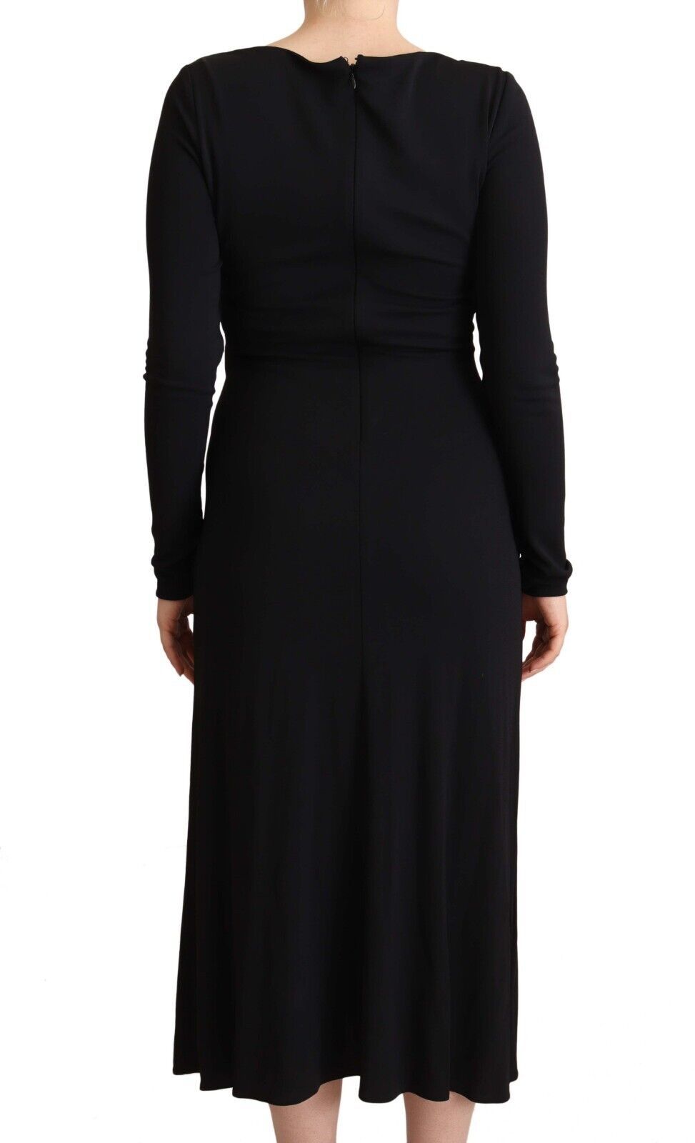 A long black nylon dress with a deep V-neck and long sleeves