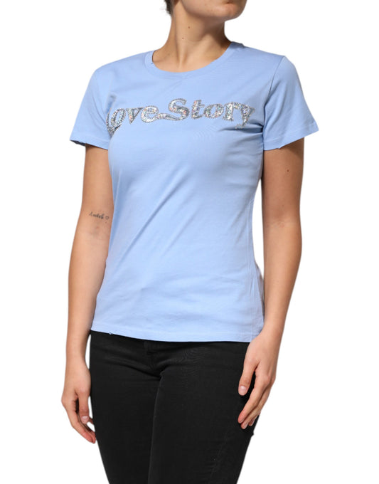 Blue t-shirt with white lettering