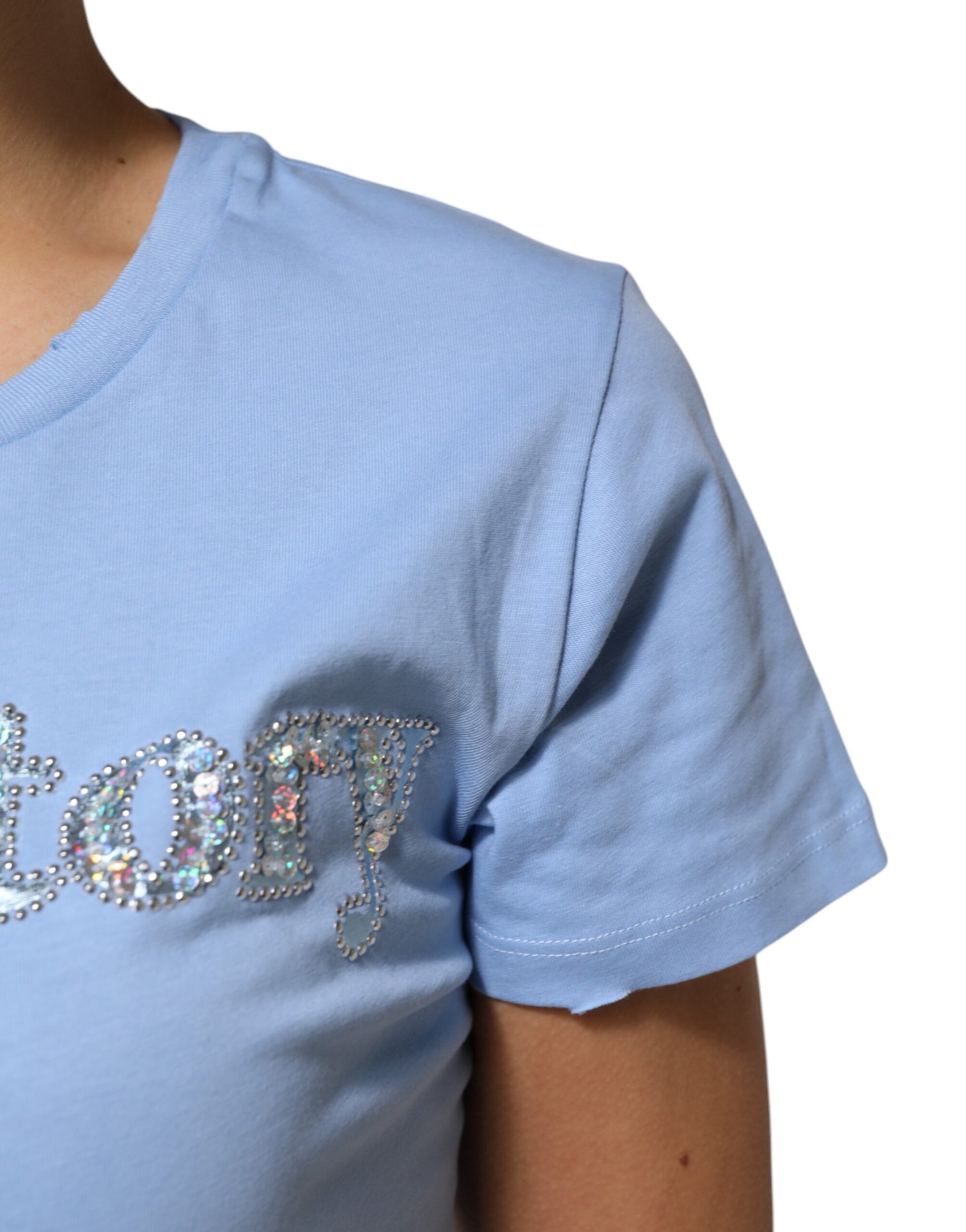 Blue t-shirt with sparkly embroidery on front