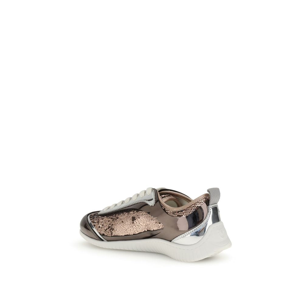 Silver and pink sneaker with a glittery texture