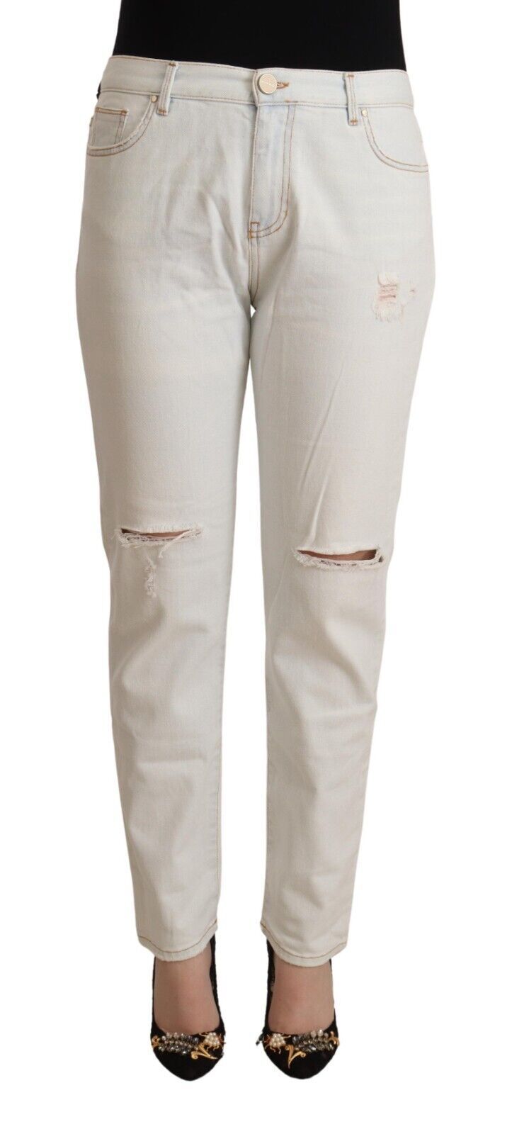 Pair of light wash denim jeans with distressed details