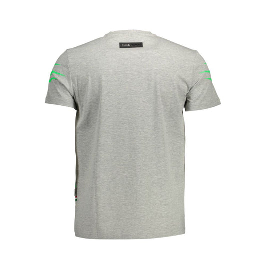 Grey cotton men's t-shirt with green trim on sleeves and neckline