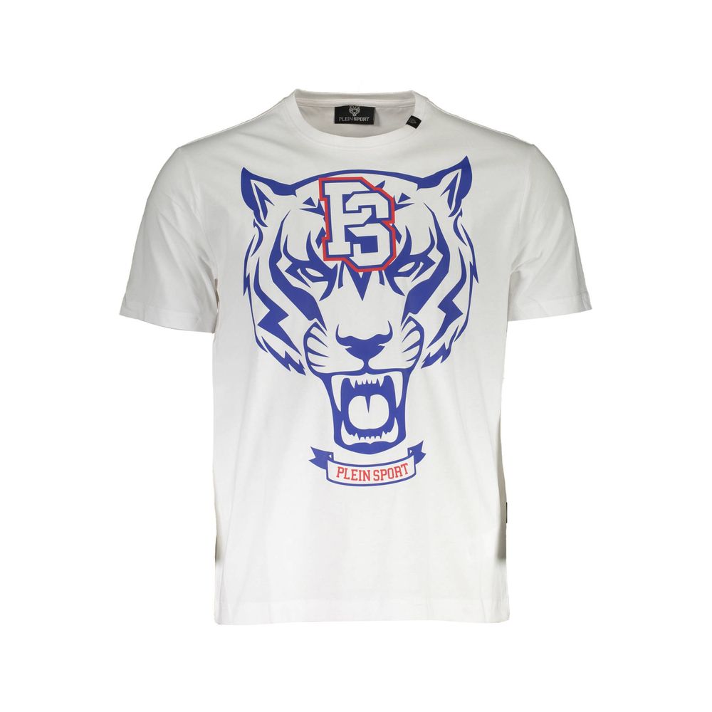 White t-shirt with blue graphic of a tiger's head