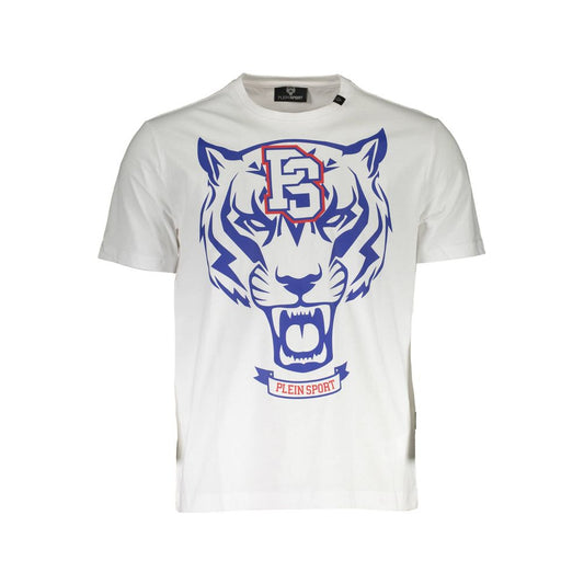 White t-shirt with blue graphic of a tiger's head