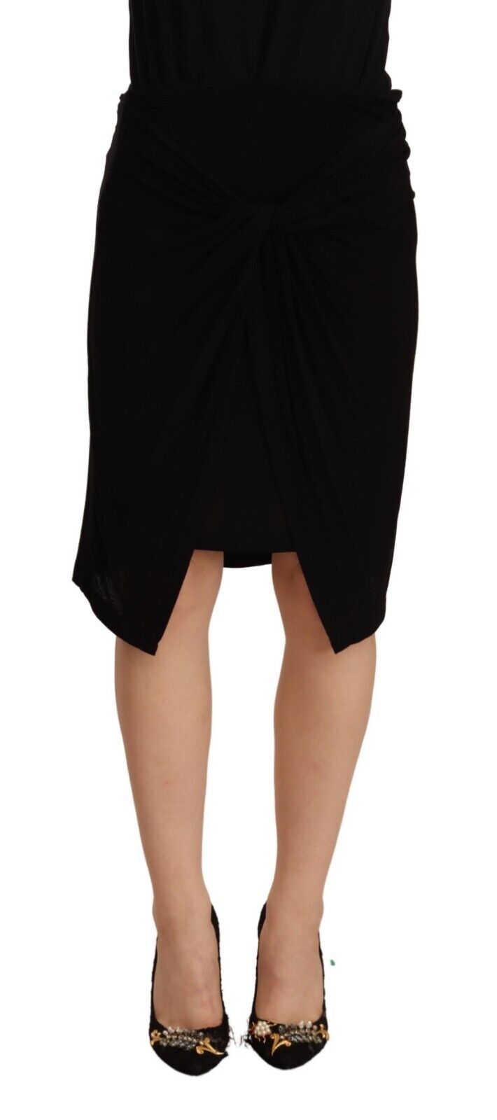 Black dress with draped sleeves and high neckline