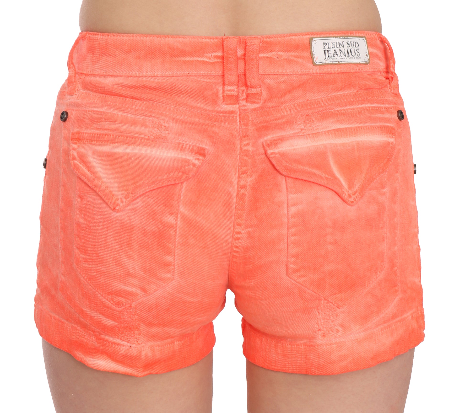 Shorts are orange and have a pocket on the front