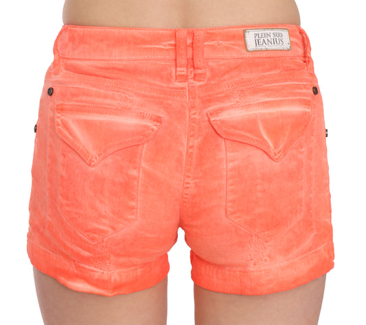Shorts are orange and have a pocket on the front