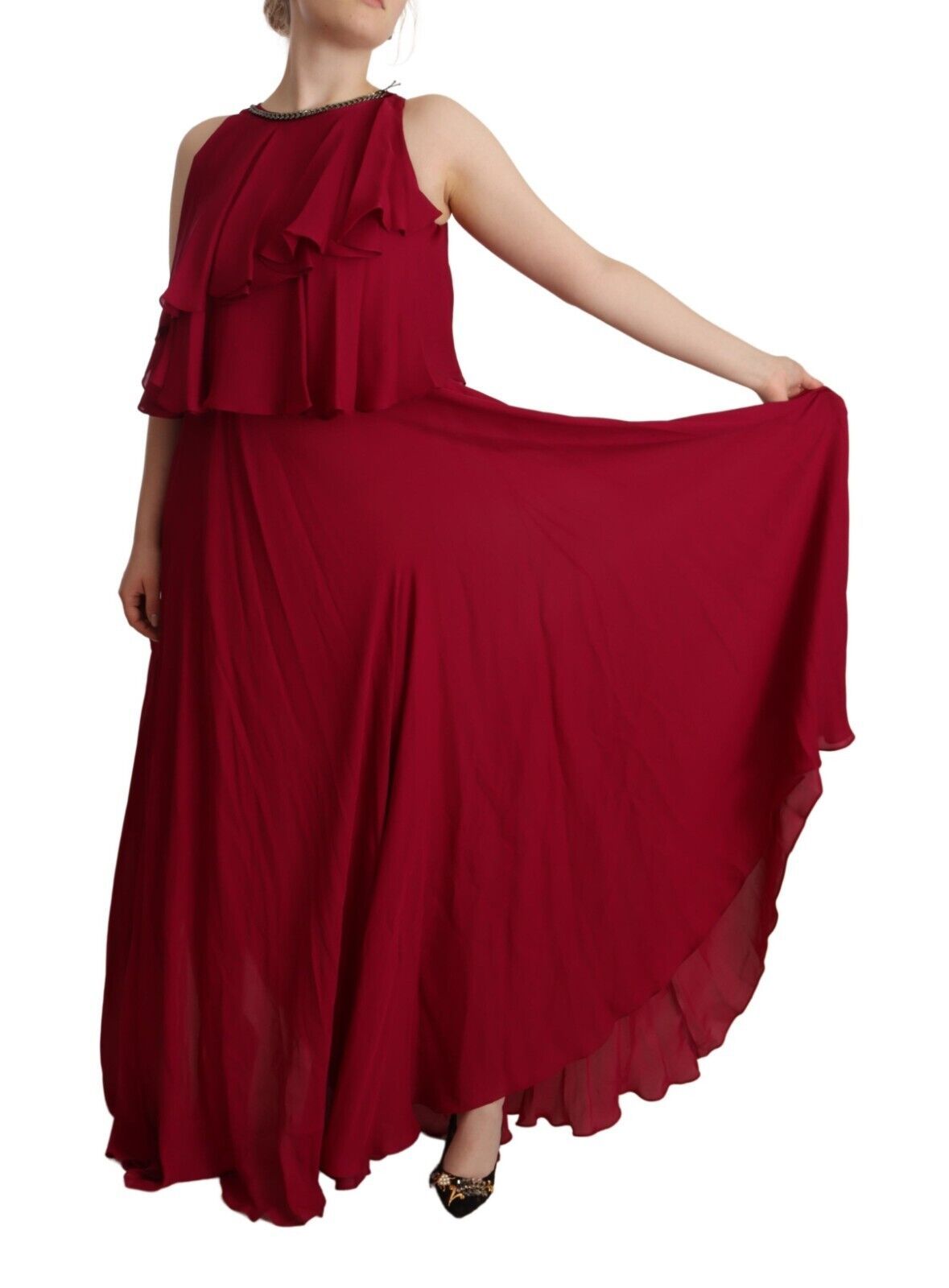 Red ruffled maxi dress with long sleeves