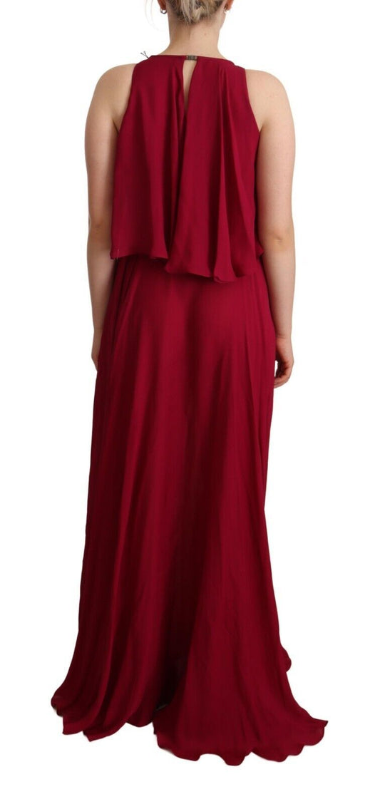 A long red dress with ruffles and a sleeveless design