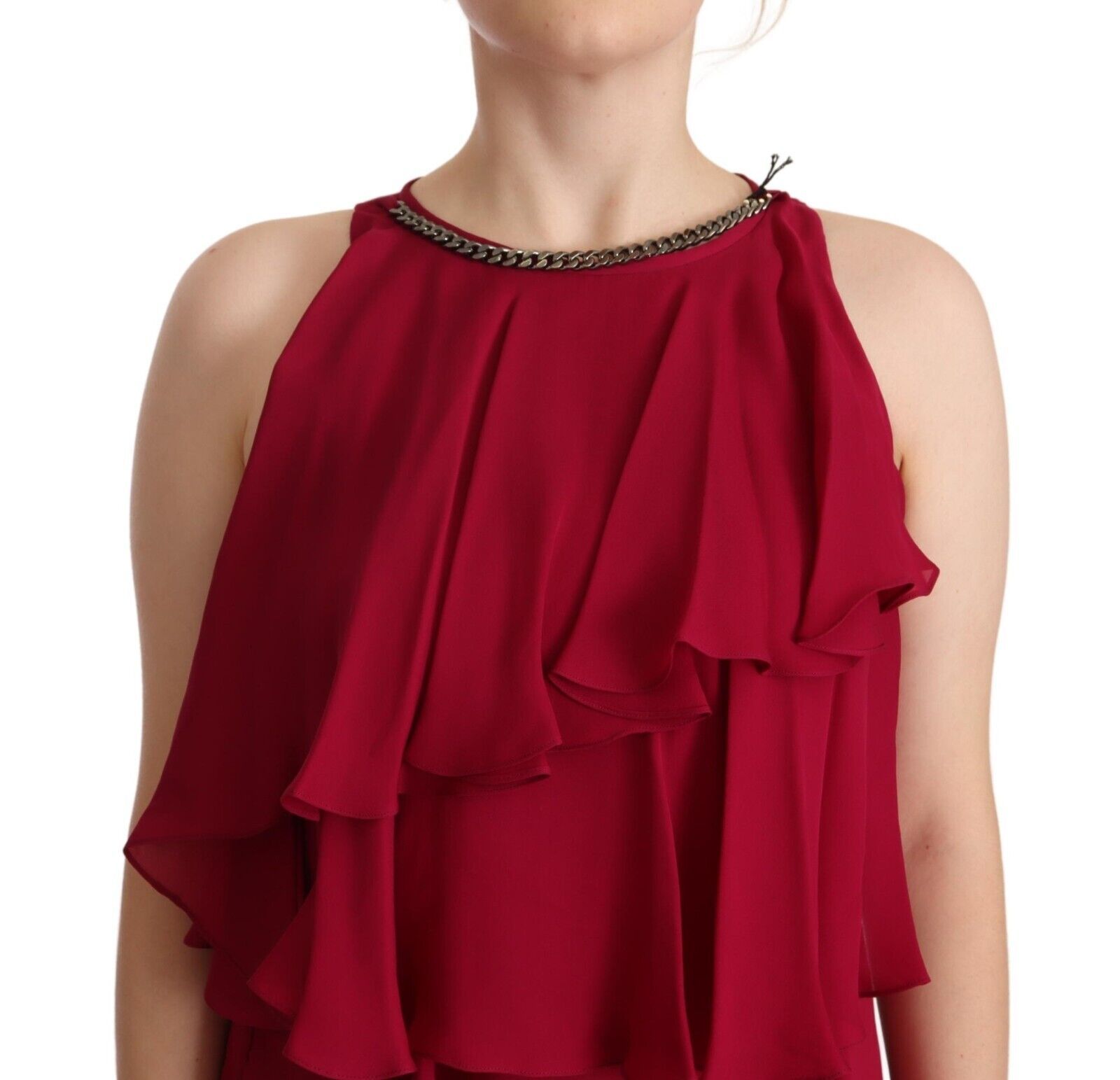 Red sleeveless ruffled maxi dress with neckline detail