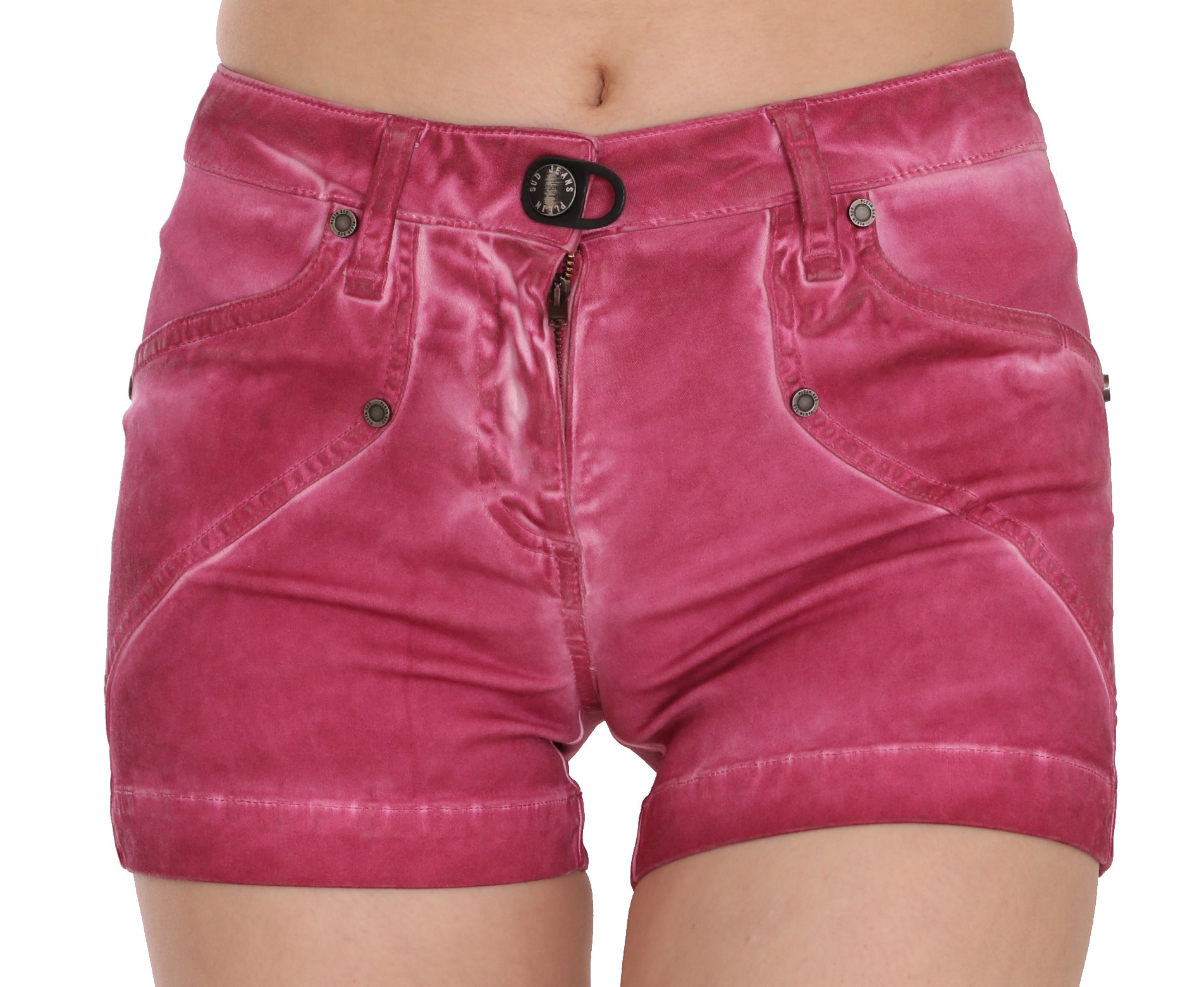 Pink velvet shorts with zippered front