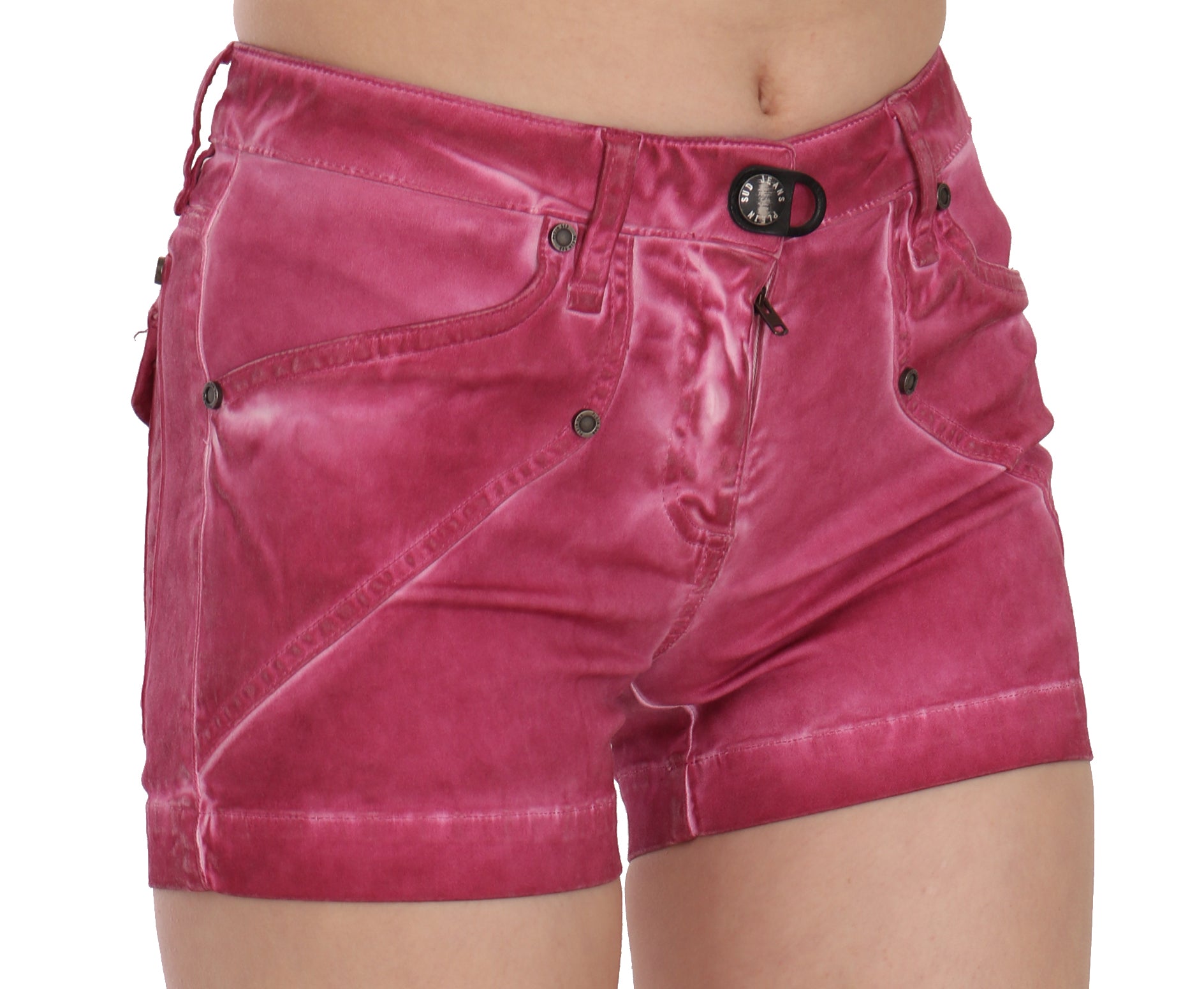 Pink velvet shorts with buttons on front