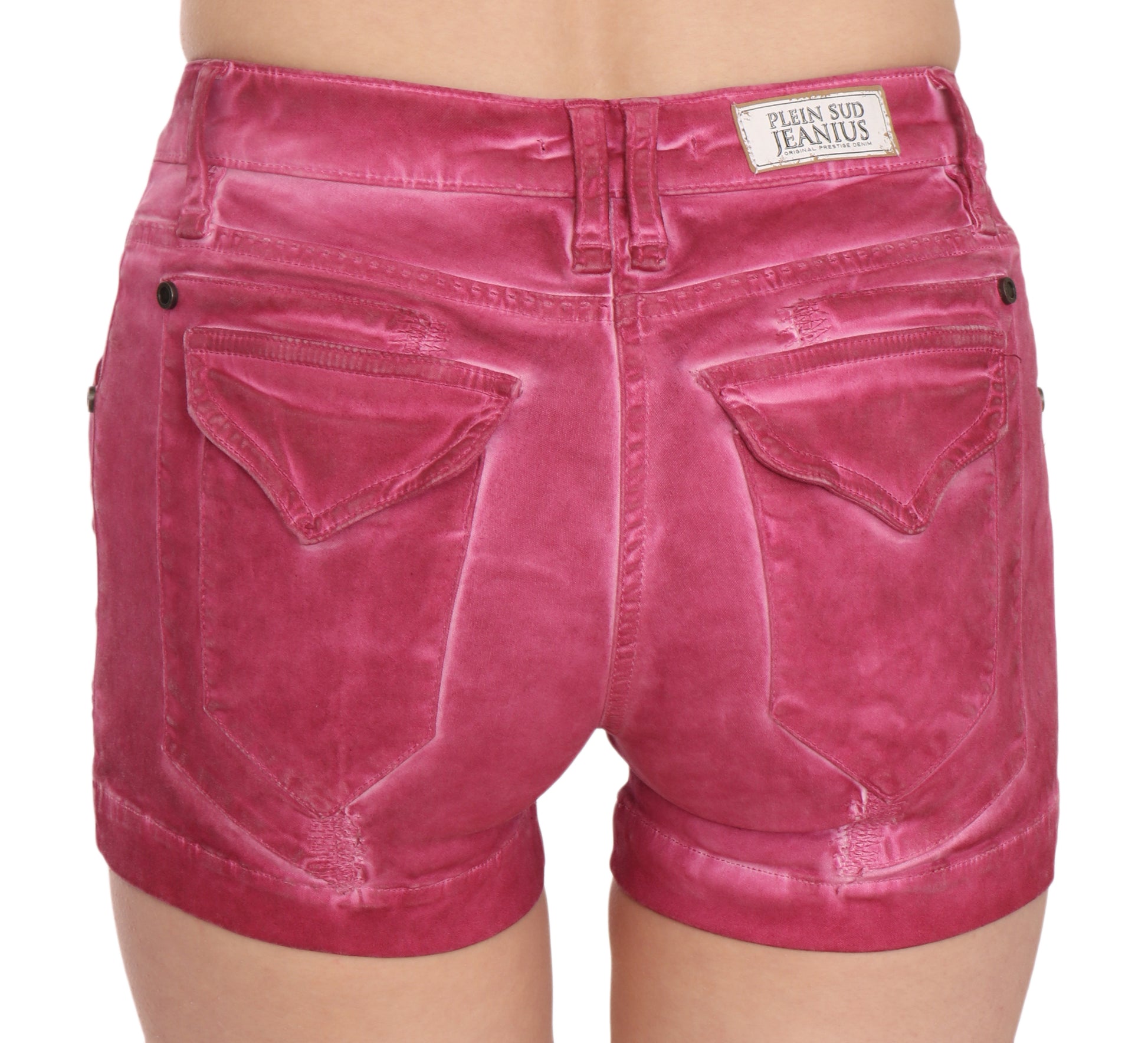 Pair of red velvet shorts with two pockets on back