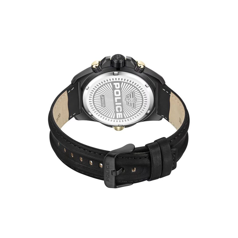 A black watch with a leather strap featuring the word "POLICE" on its face