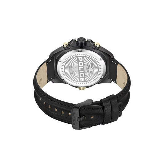 A black watch with a leather strap featuring the word "POLICE" on its face