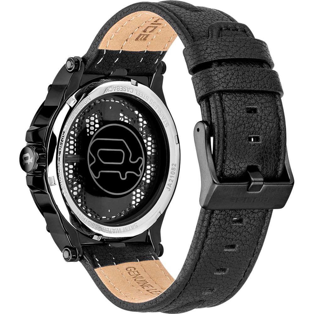 A black leather watch with a brown strap and white face