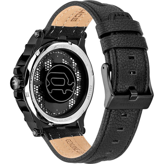 A black leather watch with a brown strap and white face