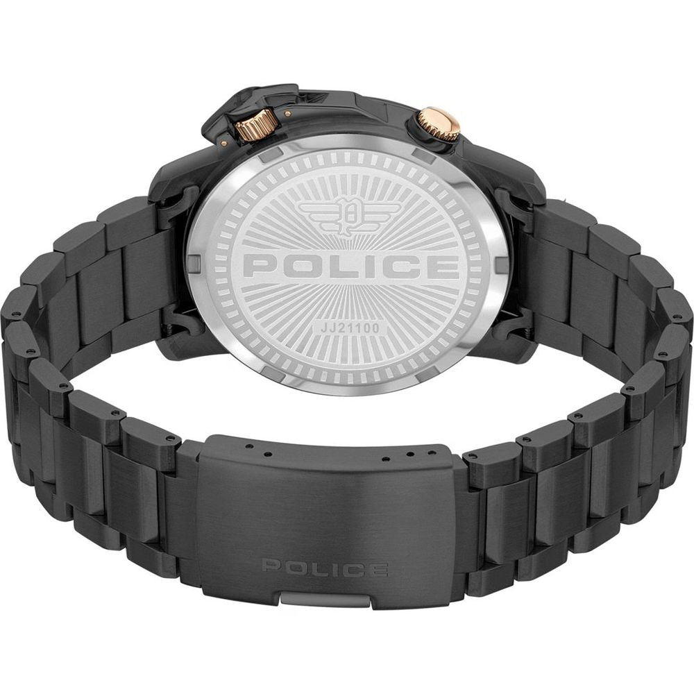 A black stainless steel watch with a police logo on its face