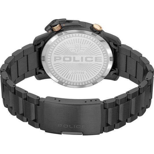 A black stainless steel watch with a police logo on its face