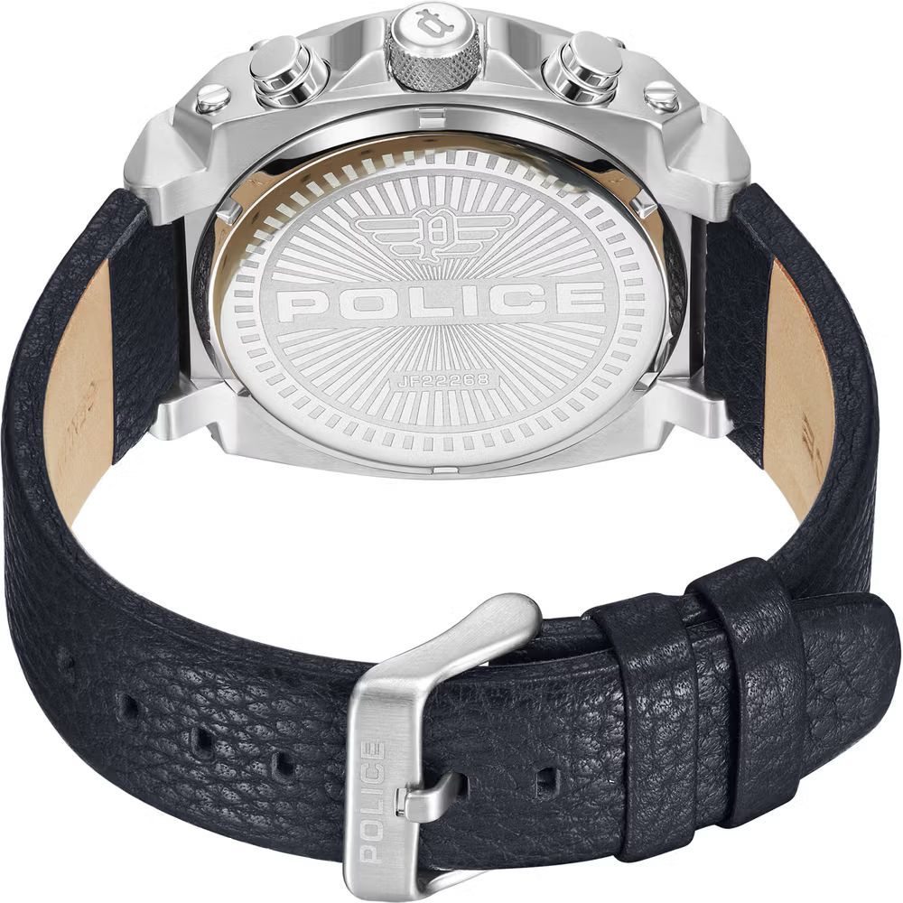 A black leather watch strap with a silver buckle