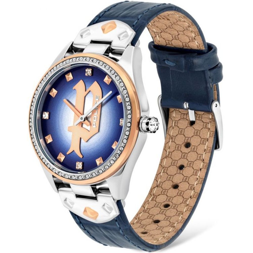 A blue leather watch with a police logo on the face