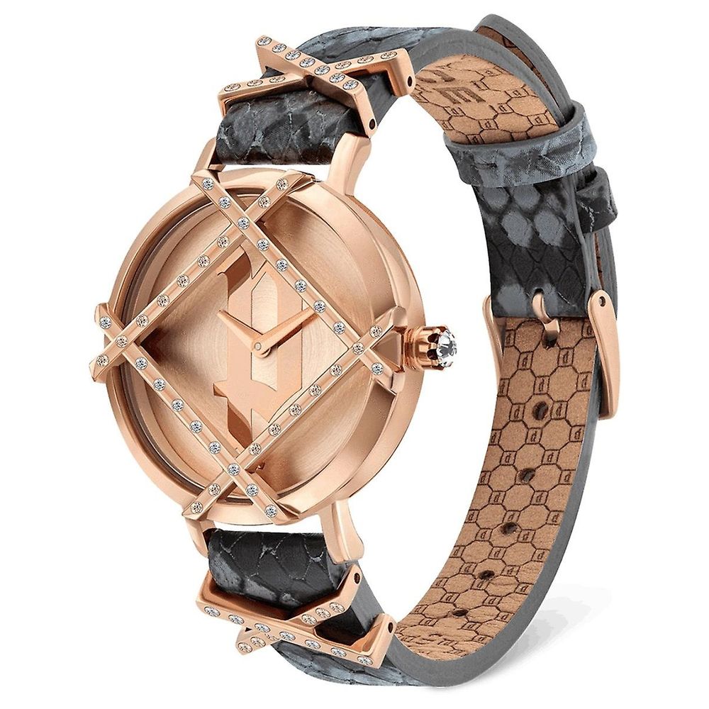 A watch with a diamond encrusted face and a black leather strap