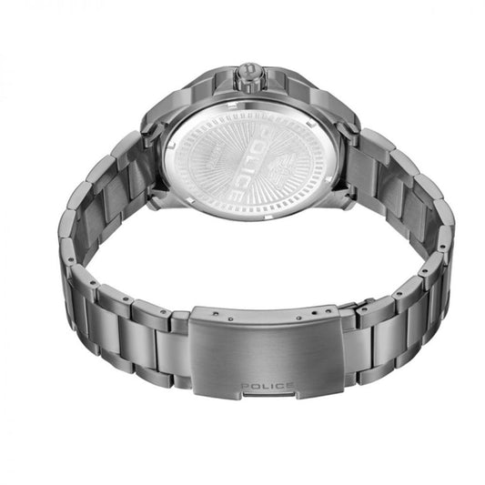 Silver watch with black face and white hands