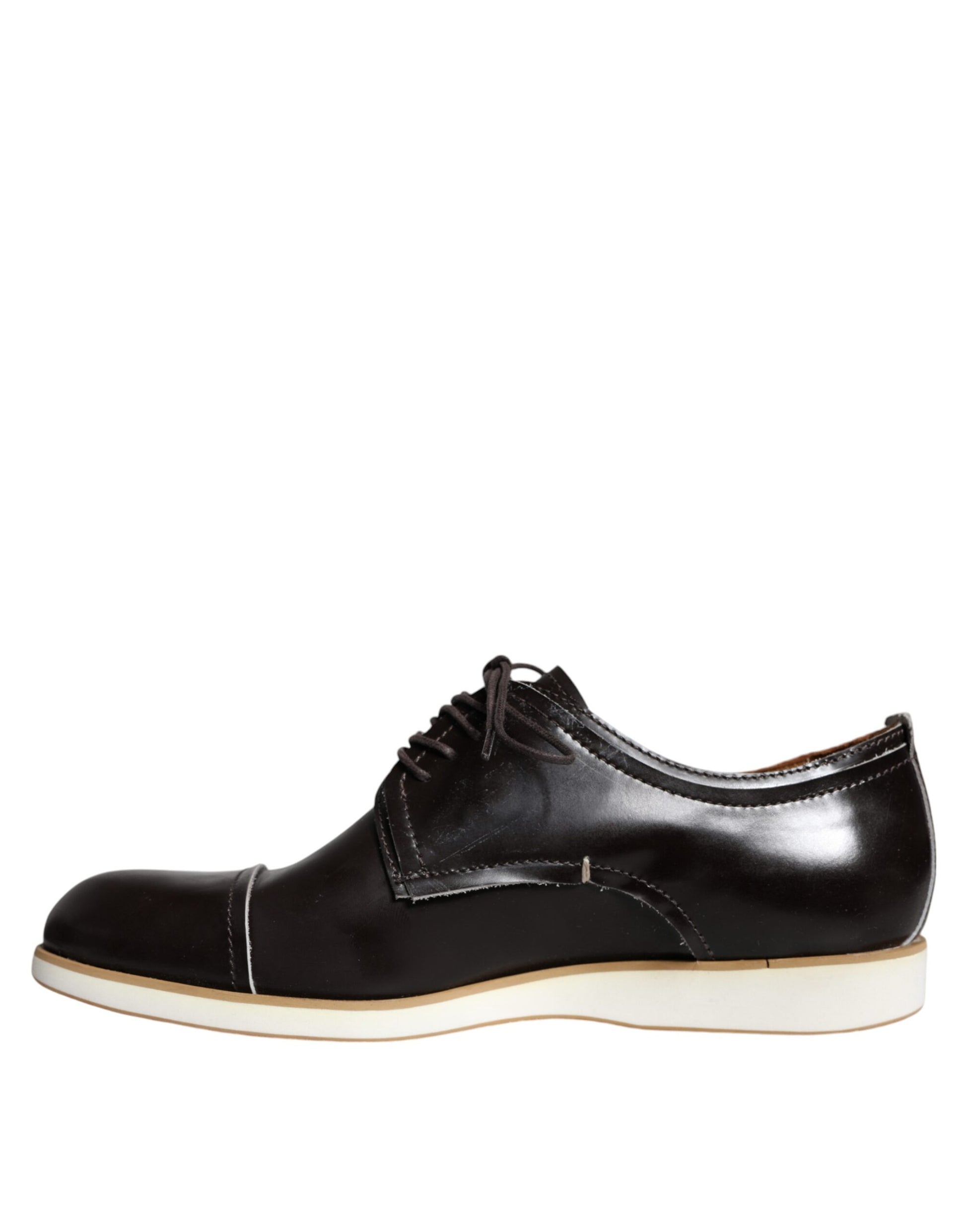 A black leather lace-up dress shoe with white sole and heel, designed for men's formal wear