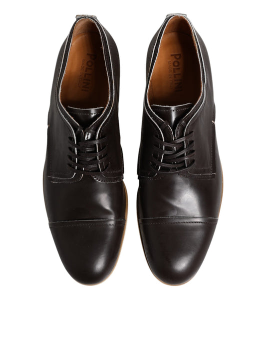 Pair of dark brown leather lace-up dress shoes with a polished toe and heel