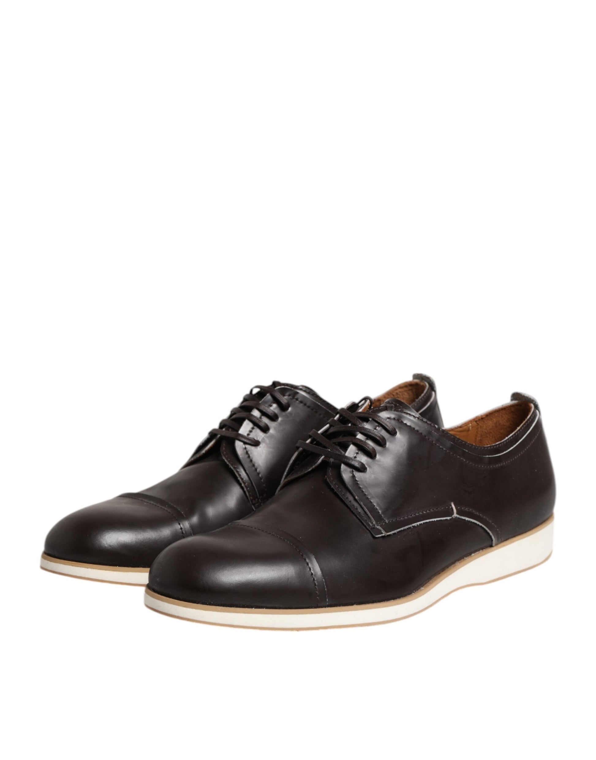 Pair of dark brown leather lace-up dress shoes with a polished toe and elastic panels