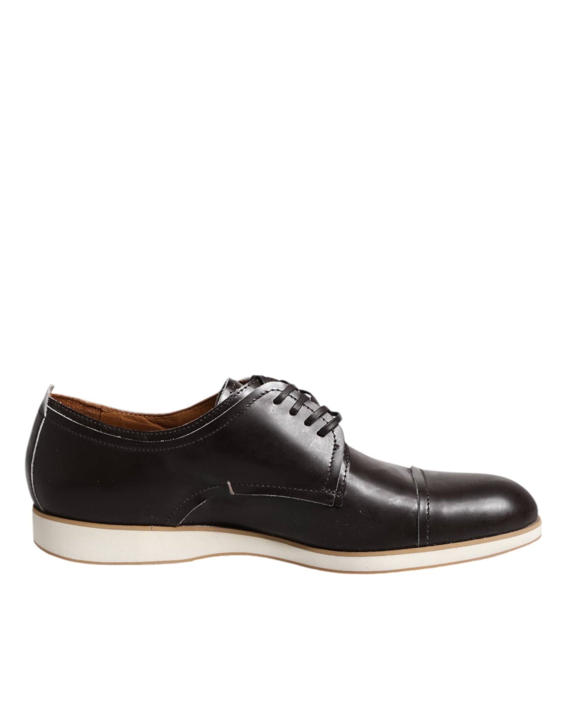 A pair of dark brown leather lace-up dress shoes with a white sole, designed by Pollini