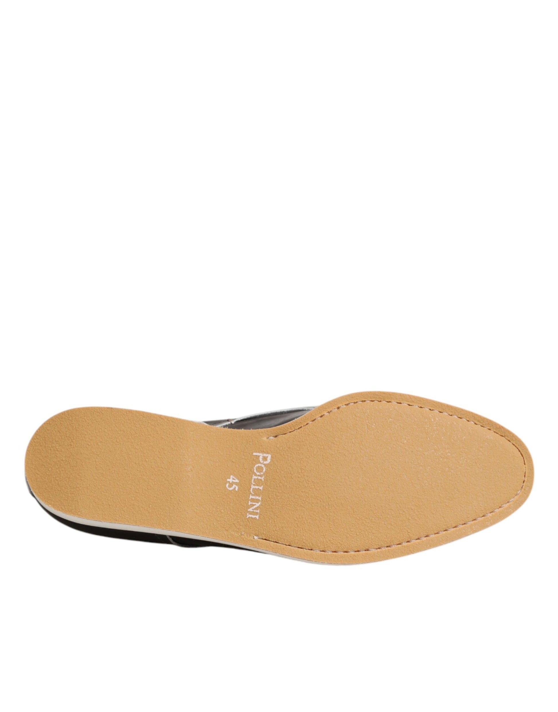 A single brown leather shoe with laces, featuring a dark brown color and the word "Pollini" visible on it