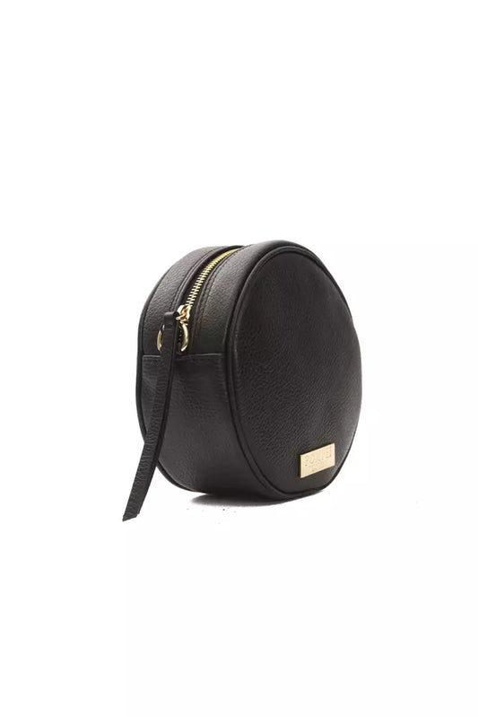 Black leather handbag with gold accents