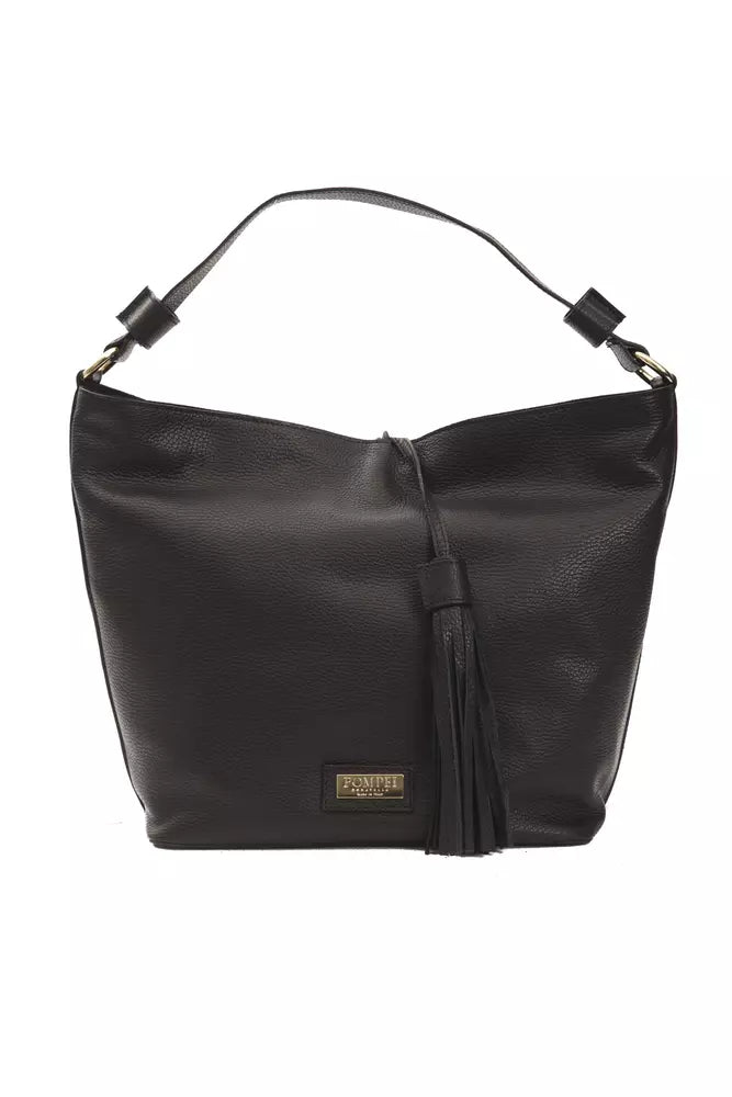 Black leather handbag with fringe details