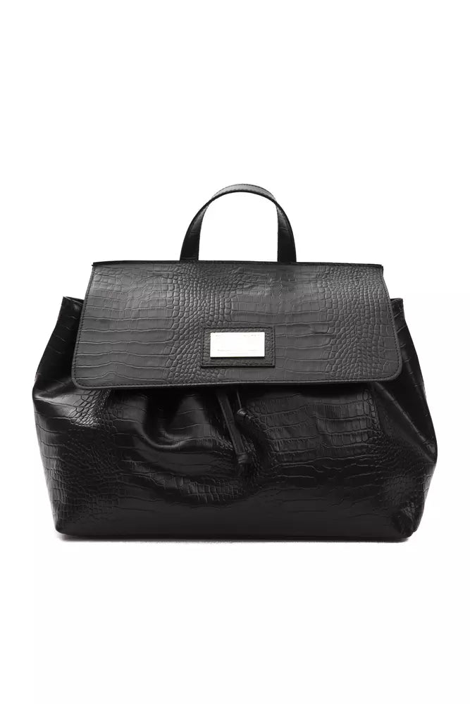 Black leather handbag with metal accents