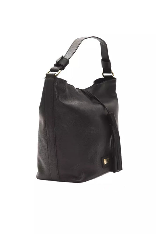 Black leather handbag with gold accents