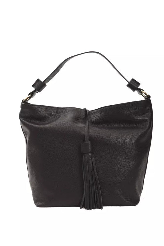 Black leather handbag with fringe detailing
